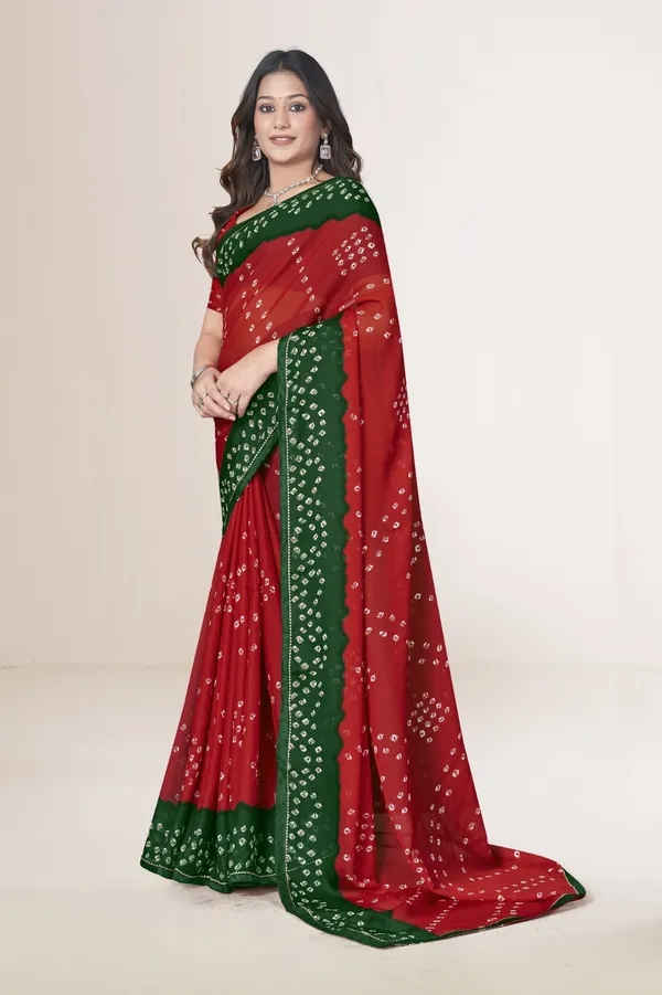 Red_And_Green_Bandhani_Saree_With_Traditional_Tie_Dye_Pattern