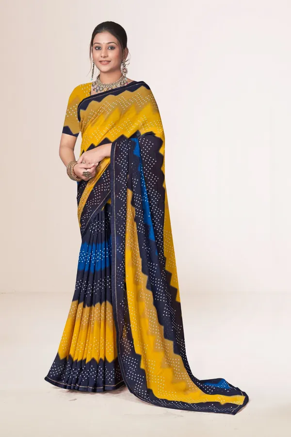 Traditional_Bandhani_Saree_In_Yellow_And_Navy_Blue_With_Tie_Dye_Pattern