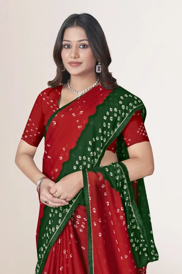 Red_And_Green_Bandhani_Saree_With_Traditional_Tie_Dye_Pattern