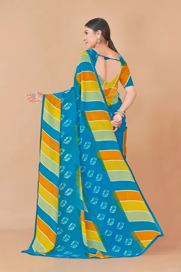Women_Blue_Multicolor_Striped_Saree_With_Geometric_Print