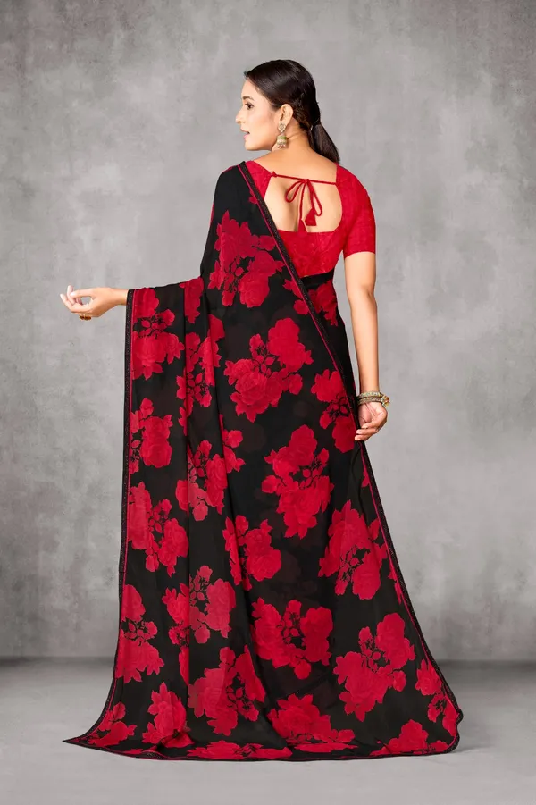 Black_And_Red_Floral_Print_Georgette_Saree_With_Red_Blouse