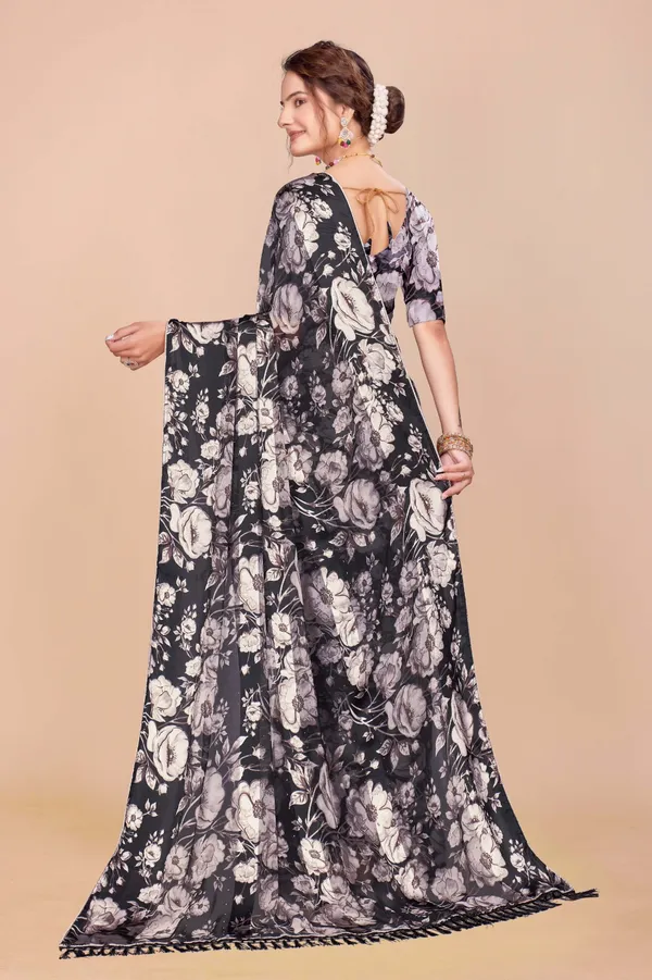 Black_And_White_Floral_Print_Saree_With_Tasseled_Border