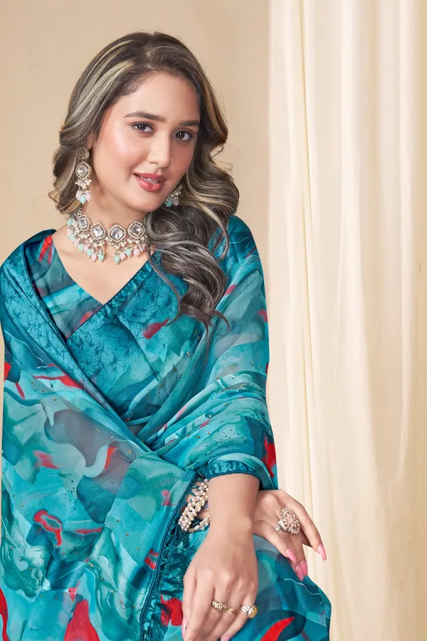 Turquoise_Abstract_Print_Saree_With_Tassel_Border