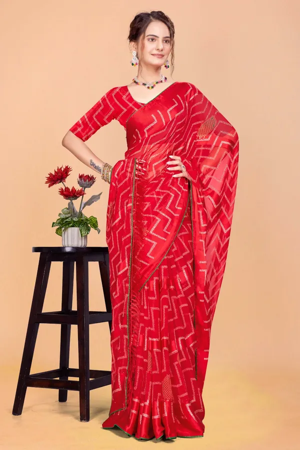 Red_Georgette_Saree_With_Golden_Zigzag_Pattern_And_Sequin_Work