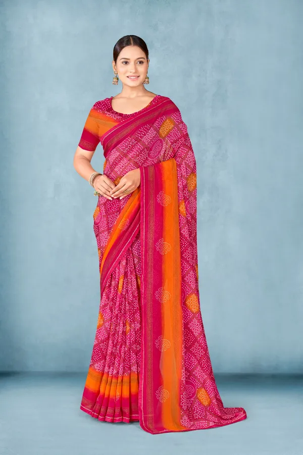 Pink_And_Orange_Bandhani_Print_Saree_With_Contrast_Border