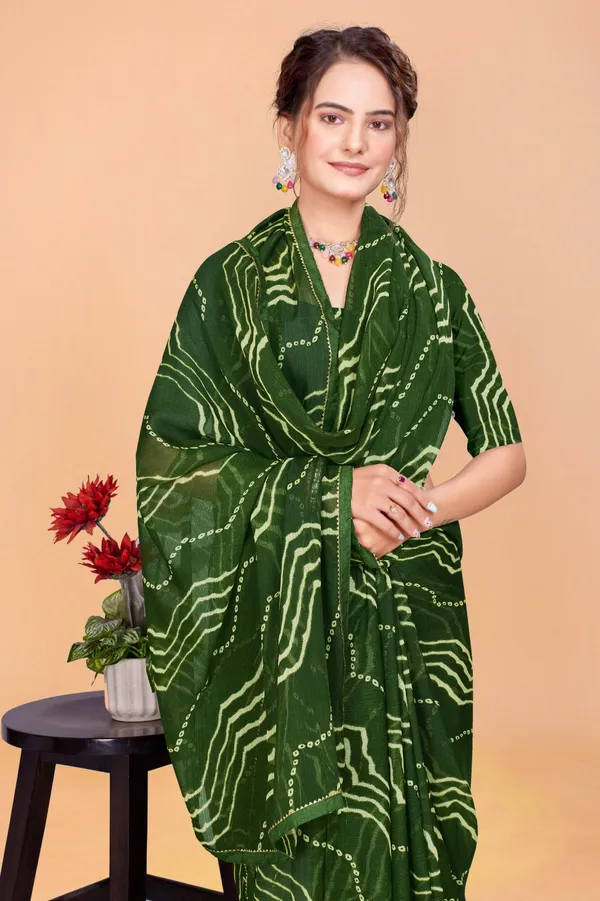 Green_Bandhani_Print_Georgette_Saree_With_Stitched_Blouse