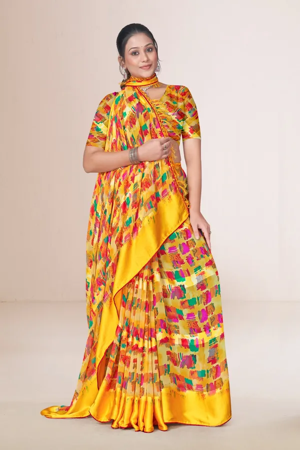 Yellow_Printed_Silk_Saree_With_Multicolor_Floral_Pattern