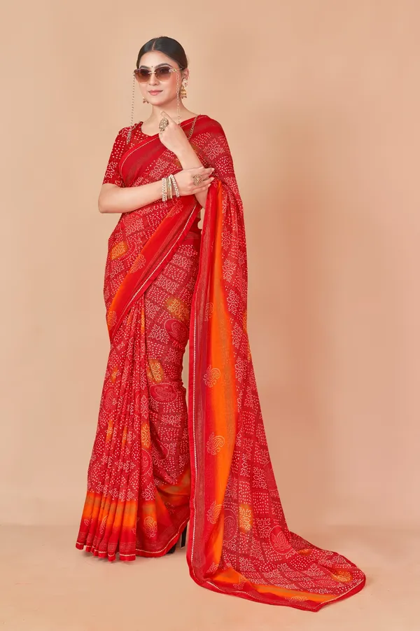 Red_And_Orange_Bandhani_Saree_With_Blouse