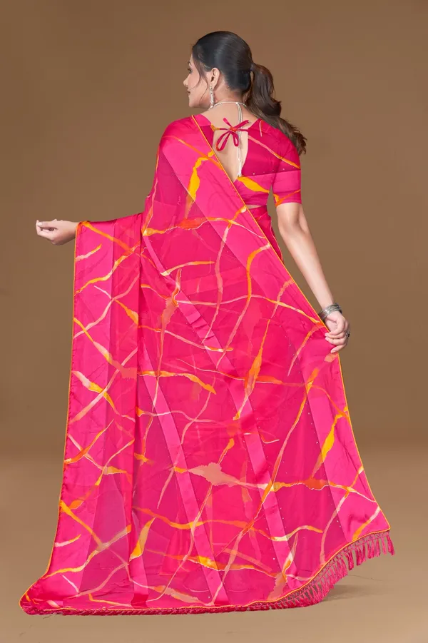 Vibrant_Pink_Leheriya_Print_Satin_Silk_Saree_With_Orange_Border_And_Tassels