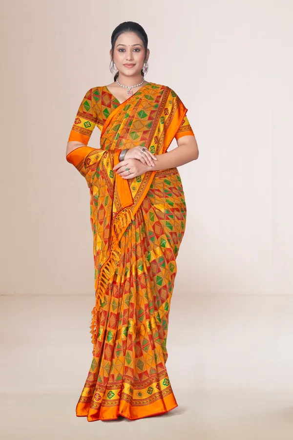 Orange_Traditional_Patola_Silk_Saree_With_Geometric_Pattern
