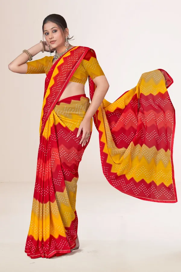 Traditional_Bandhani_Saree_In_Red_And_Yellow_With_Zigzag_Pattern