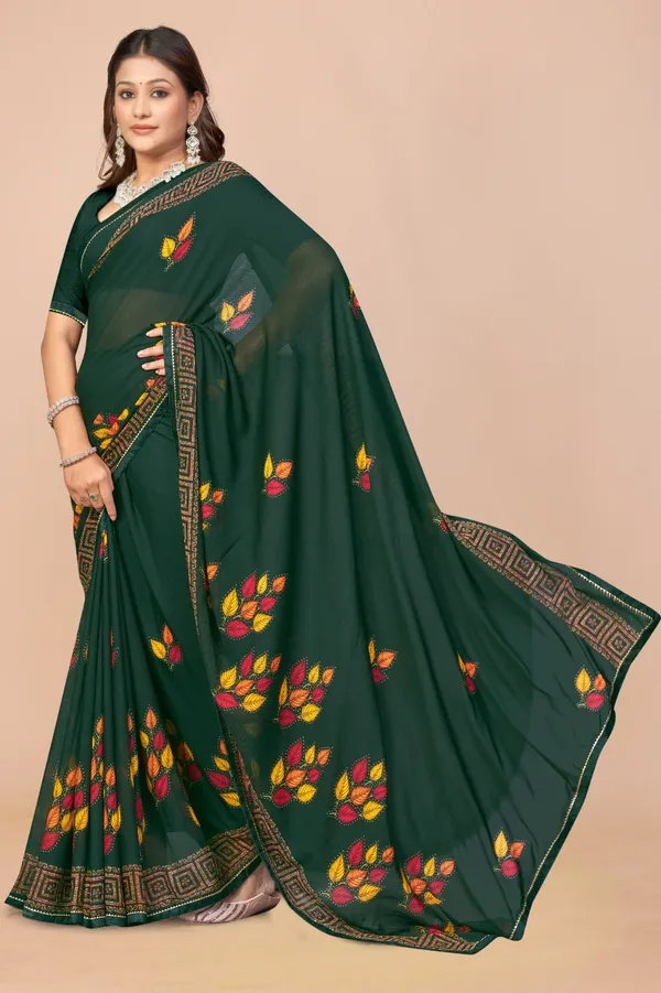 Dark_Green_Embroidered_Georgette_Saree_With_Leaf_Motifs