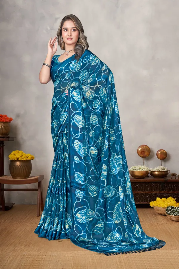 Blue_Floral_Print_Saree_With_Tassels