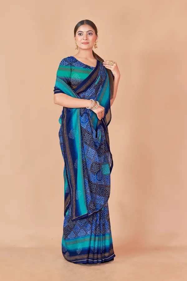 Blue_And_Green_Bandhani_Print_Silk_Saree_With_Striped_Border