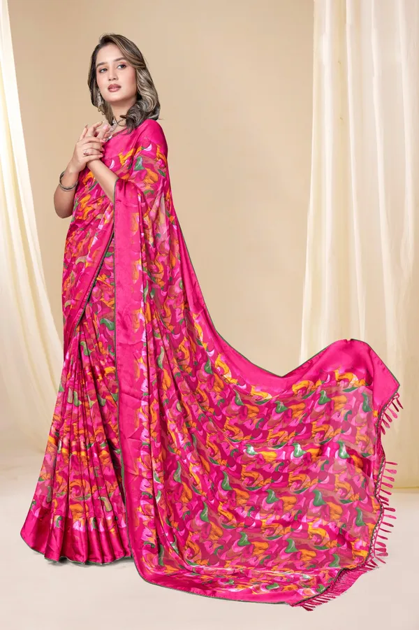 Vibrant_Pink_Multicolor_Printed_Saree_With_Matching_Blouse