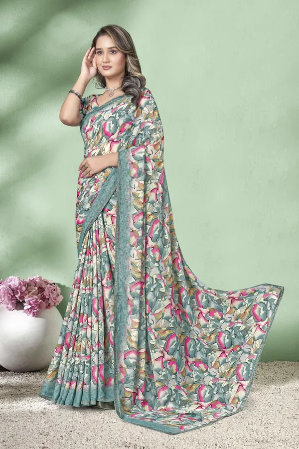 Floral_Printed_Chiffon_Saree_With_Blouse_-_Green_&_Pink