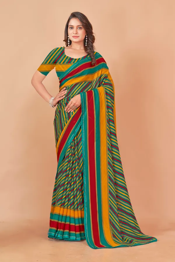 Multicolor_Striped_Georgette_Saree_With_Matching_Blouse