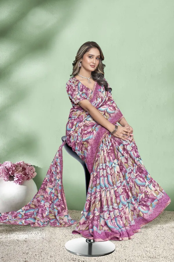 Floral_Print_Saree_With_Blouse_-_Pink_And_Blue_Ethnic_Wear