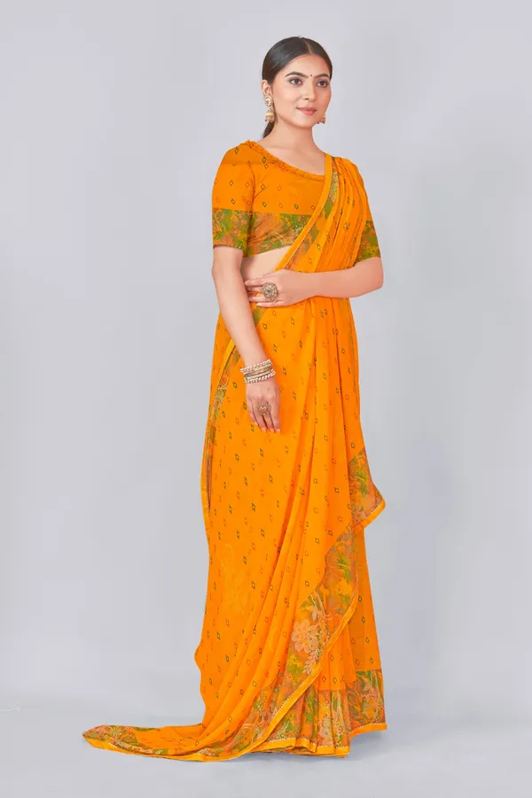 Vibrant_Orange_Saree_With_Green_Floral_Border_And_Embellished_Blouse