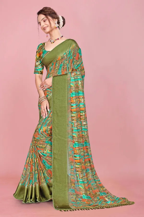 Olive_Green_Printed_Saree_With_Multicolor_Abstract_Print_And_Matching_Blouse