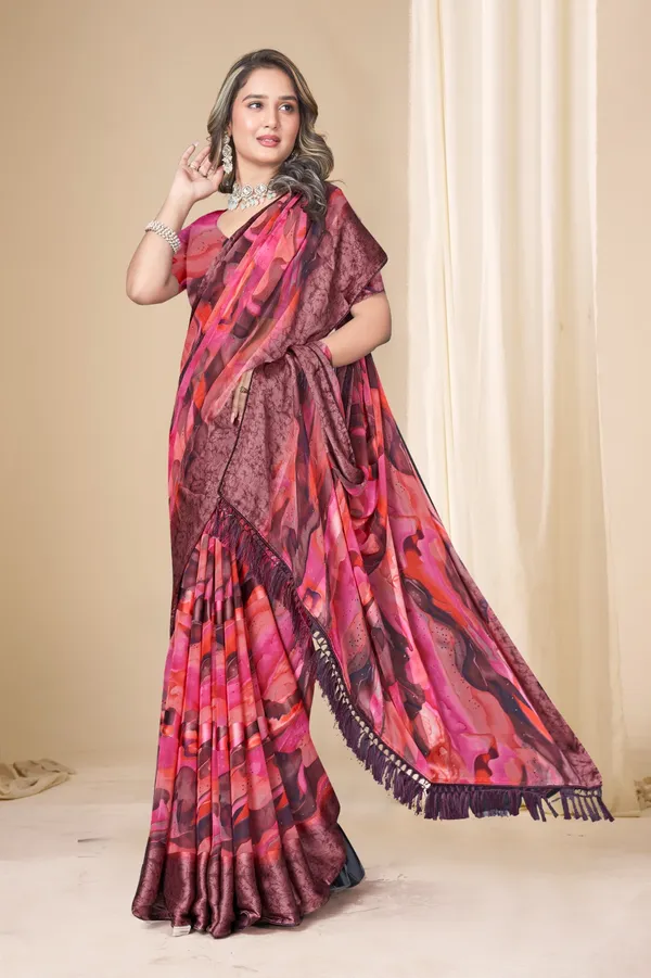 Printed_Georgette_Saree_With_Decorative_Tassels_-_Pink_&_Brown_Floral_Design
