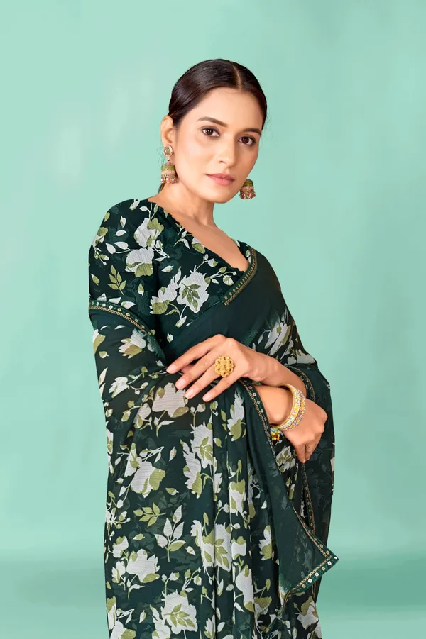 Elegant_Dark_Green_Floral_Printed_Saree_With_Embellished_Border