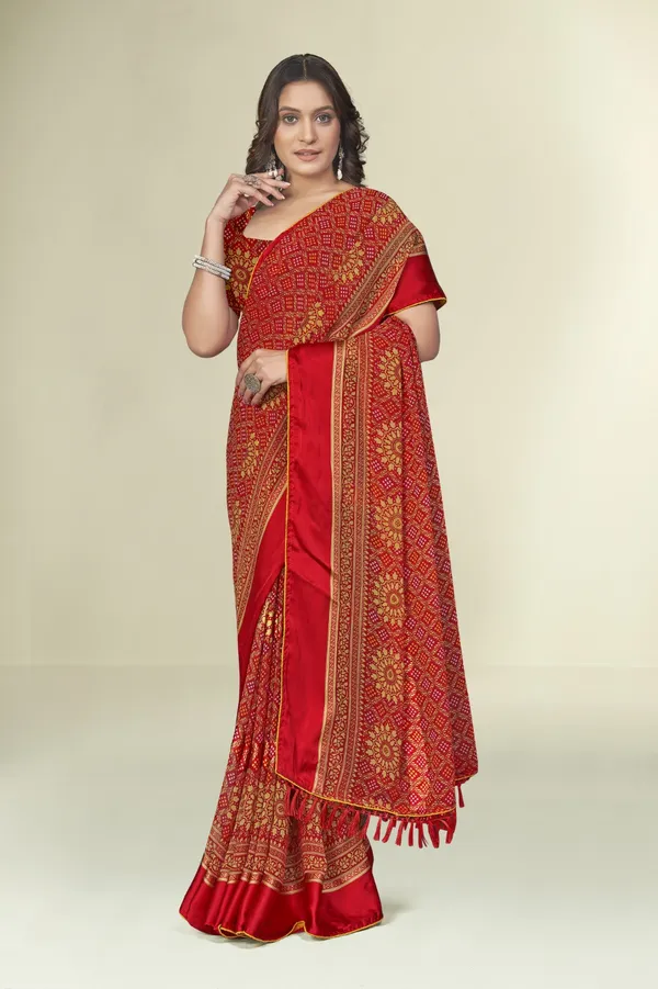Red_Bandhani_Print_Saree_With_Golden_Zari_Work_And_Border
