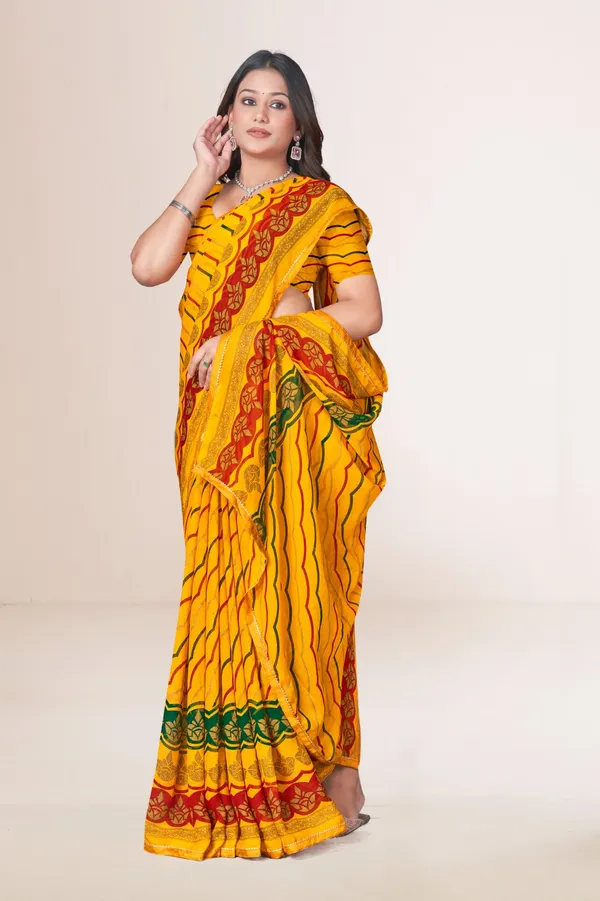 Traditional_Yellow_Leheriya_Saree_With_Red_And_Green_Border