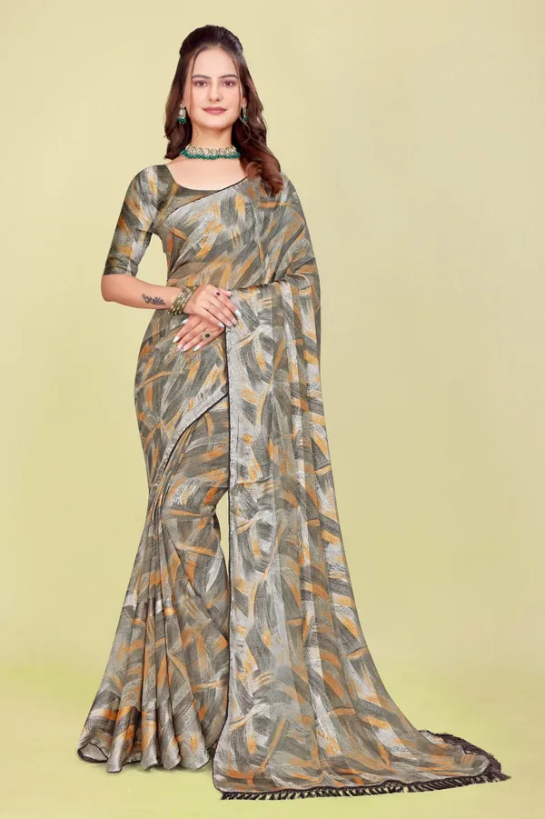 Grey_And_Mustard_Abstract_Print_Saree_With_Tasseled_Border
