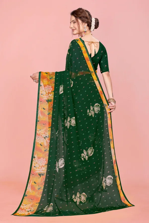 Green_And_Orange_Floral_Print_Saree_With_Embellished_Blouse