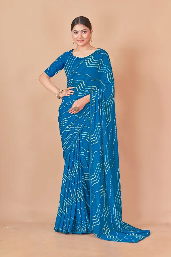 Blue_Bandhani_Print_Georgette_Saree_With_Blouse