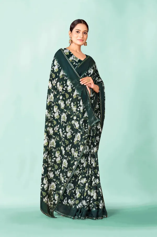Elegant_Dark_Green_Floral_Printed_Saree_With_Embellished_Border