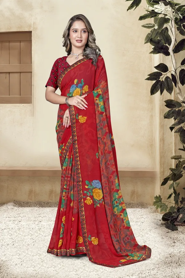 Red_Floral_Printed_Georgette_Saree_With_Embellished_Border