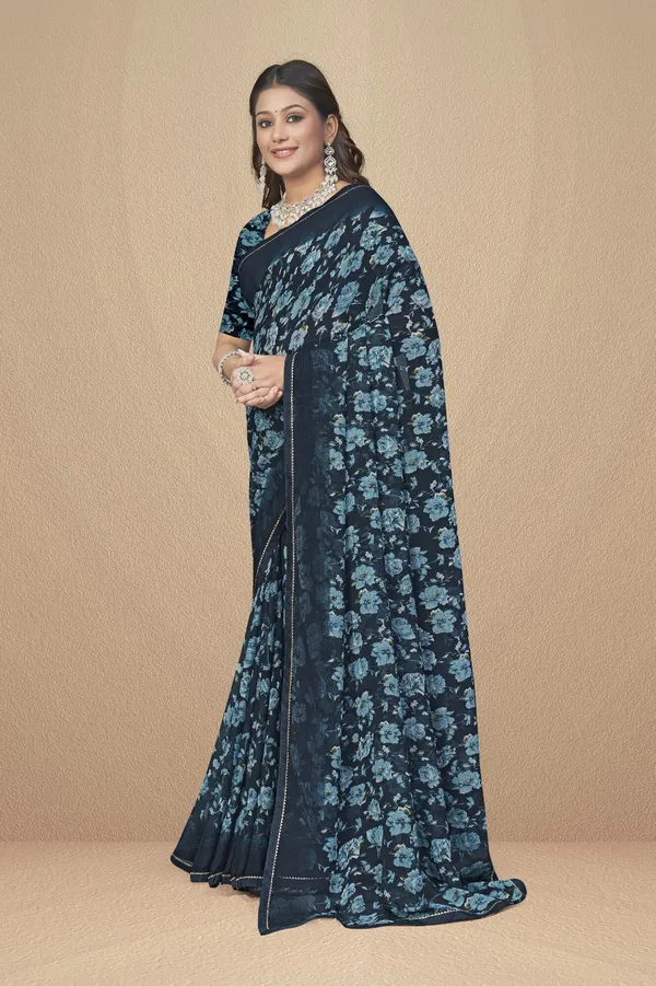 Navy_Blue_Floral_Print_Georgette_Saree_With_Matching_Blouse