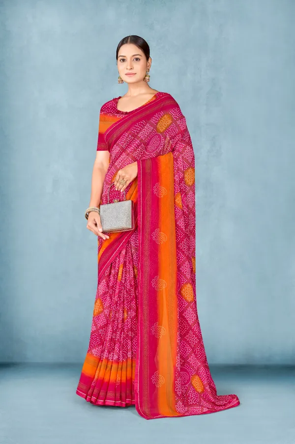 Pink_And_Orange_Bandhani_Print_Saree_With_Contrast_Border