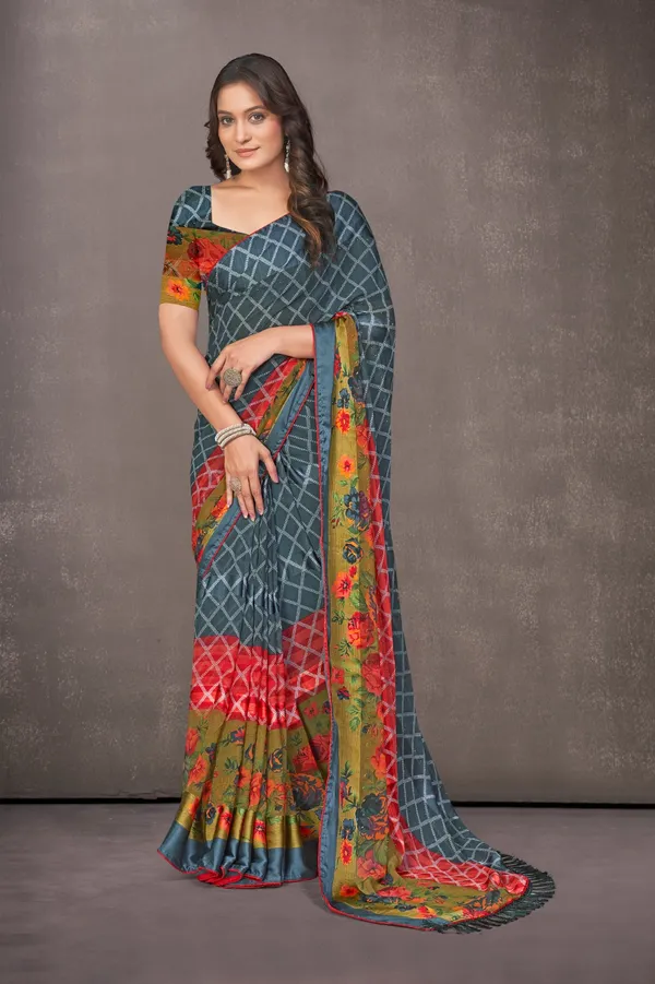 Multicolor_Checkered_Floral_Print_Saree_With_Blouse