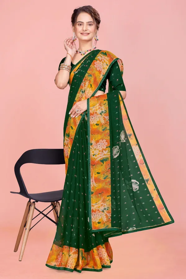 Green_And_Orange_Floral_Print_Saree_With_Embellished_Blouse