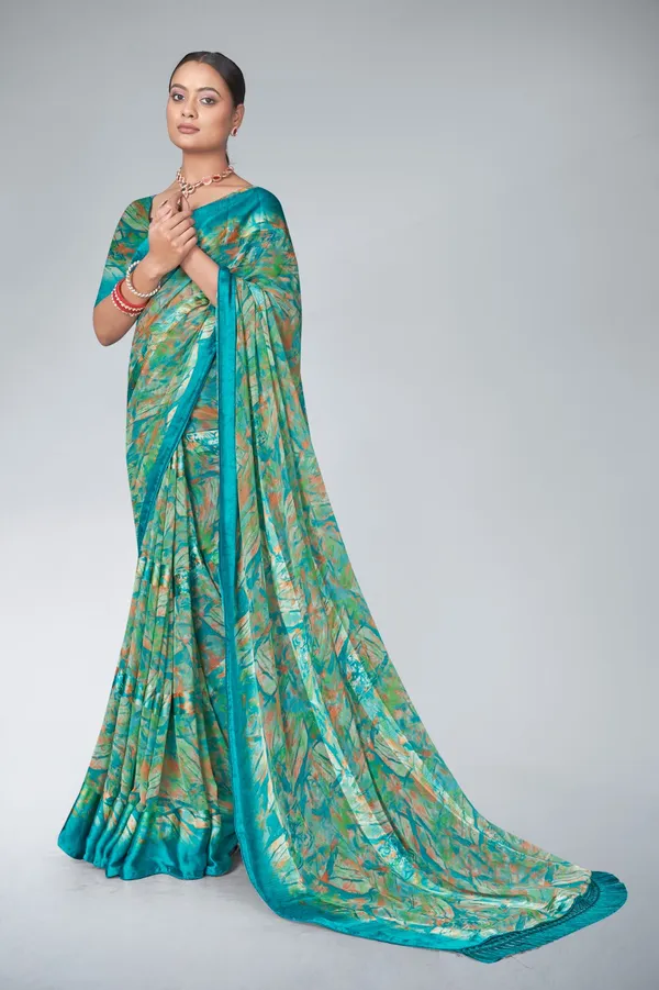 Turquoise_Green_Abstract_Print_Saree_With_Woven_Border_And_Tasseled_Pallu