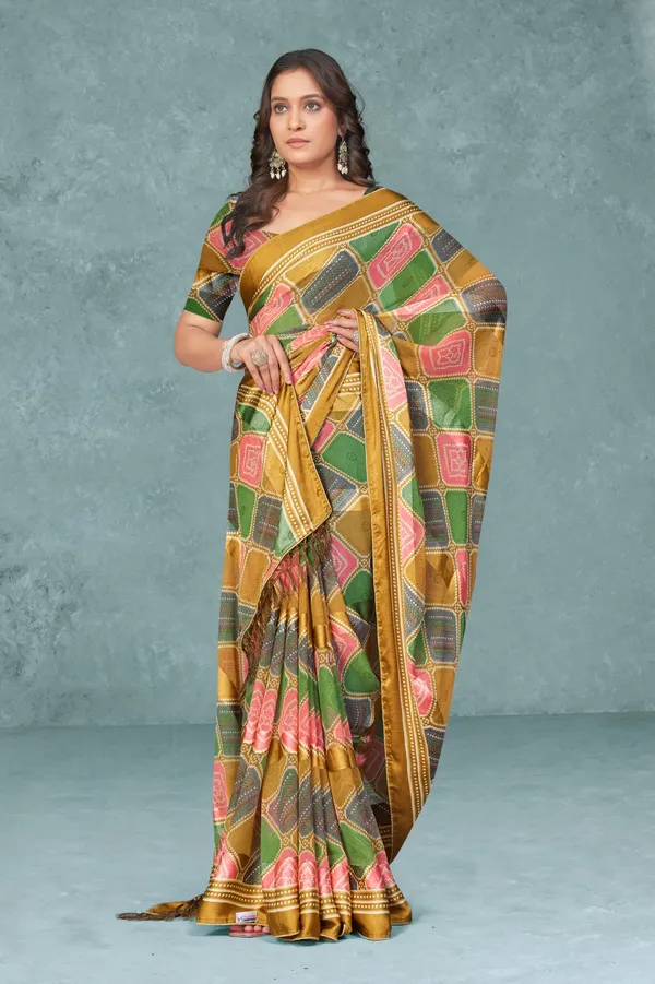 Multicolor_Checkered_Pattern_Silk_Saree_With_Golden_Border