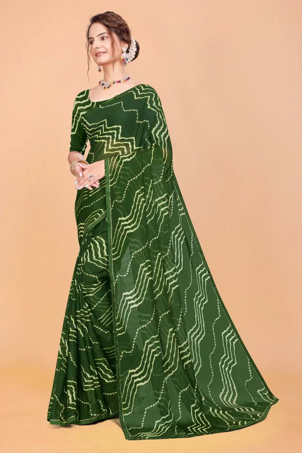 Green_Bandhani_Print_Georgette_Saree_With_Stitched_Blouse