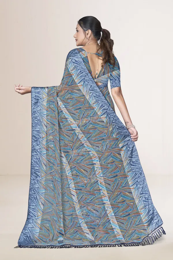 Blue_And_Grey_Printed_Cotton_Blend_Saree_With_Tasseled_Border