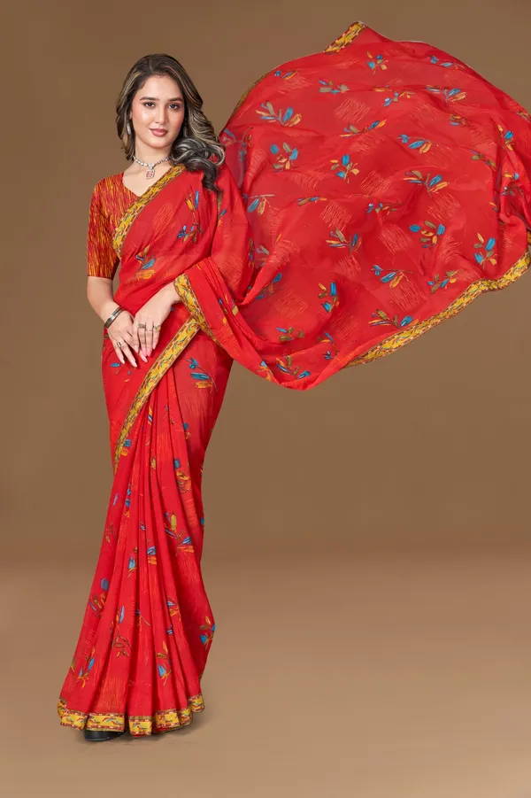 Red_Embroidered_Saree_With_Golden_Border_And_Floral_Motifs
