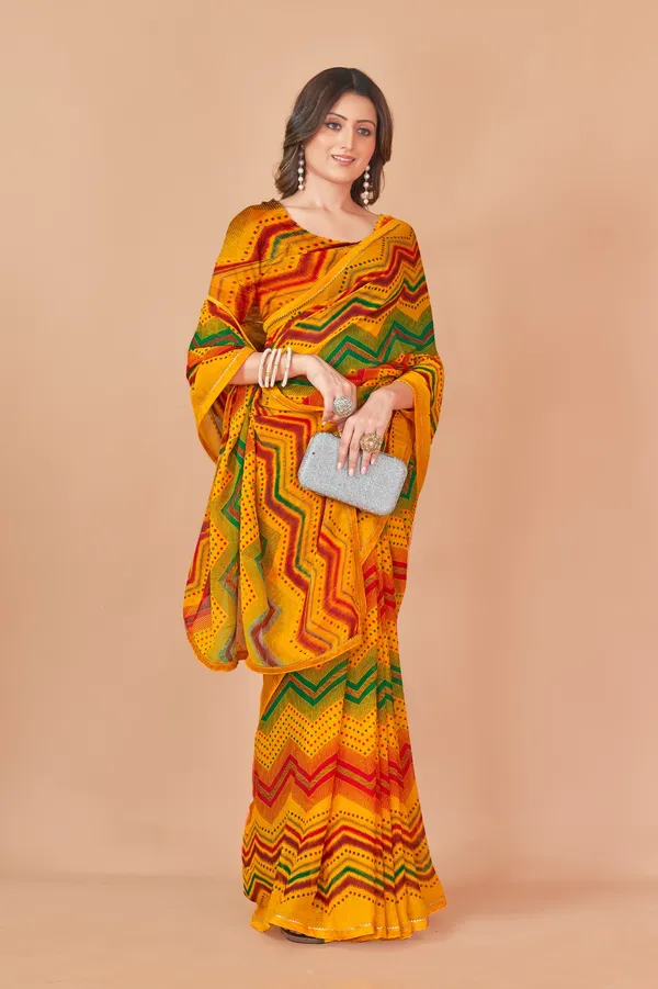 Yellow_Multicolor_Bandhani_Print_Georgette_Saree_With_Blouse