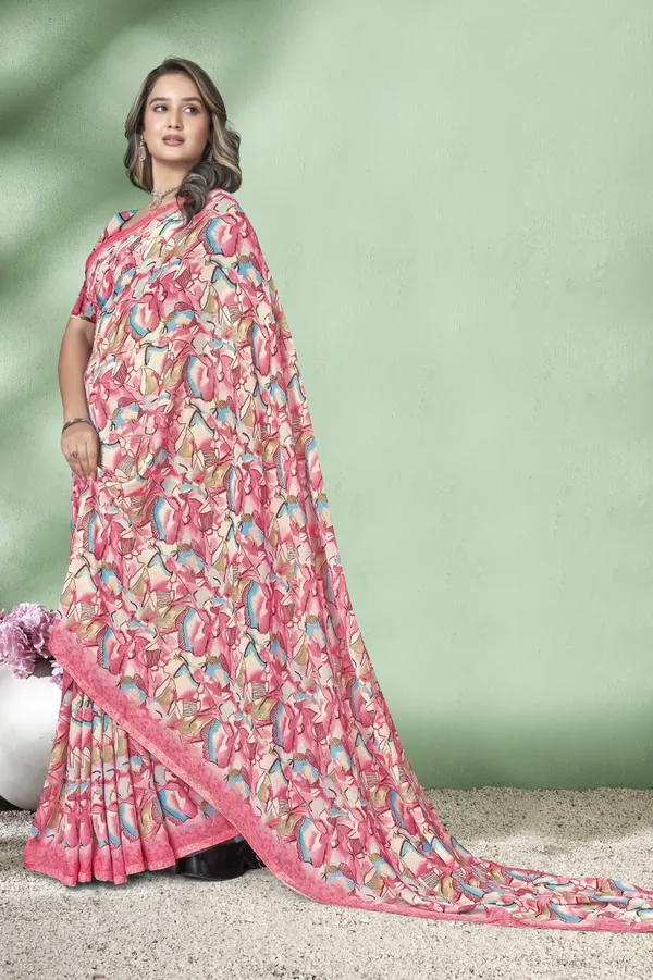 Pink_Floral_Print_Saree_With_Matching_Blouse
