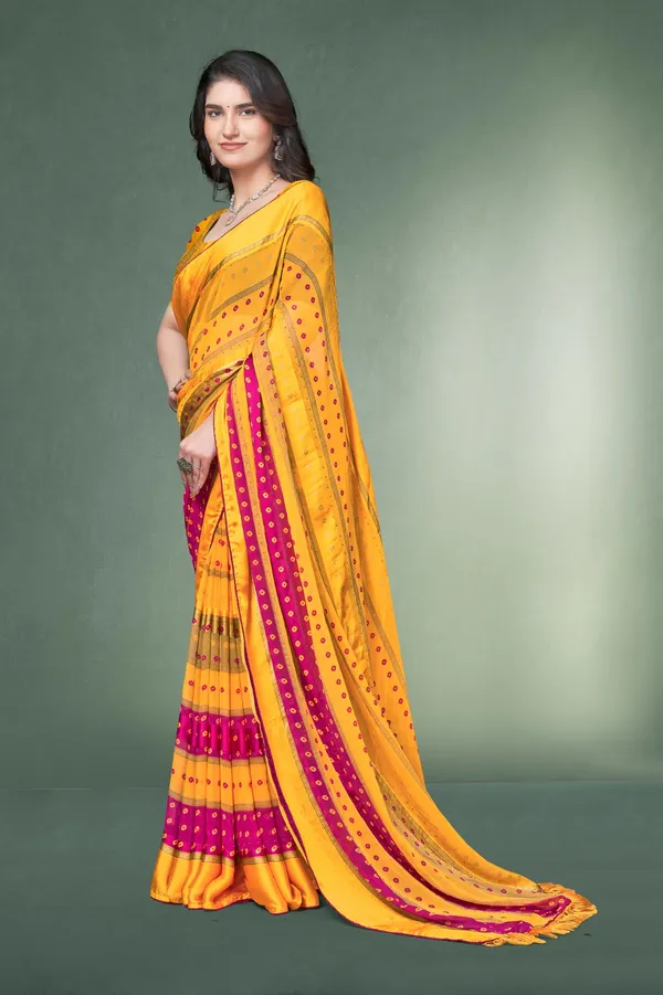 Yellow_And_Pink_Bandhani_Print_Saree_With_Mirror_Work