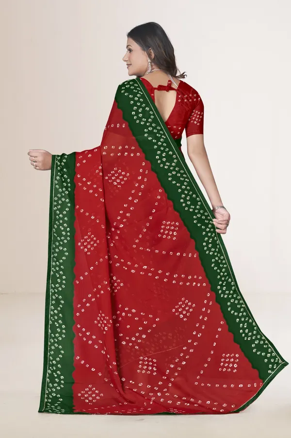 Red_And_Green_Bandhani_Saree_With_Traditional_Tie_Dye_Pattern