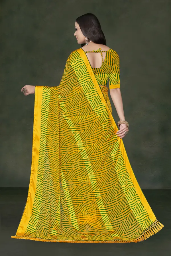 Yellow_And_Green_Bandhani_Print_Georgette_Saree_With_Ruffled_Border