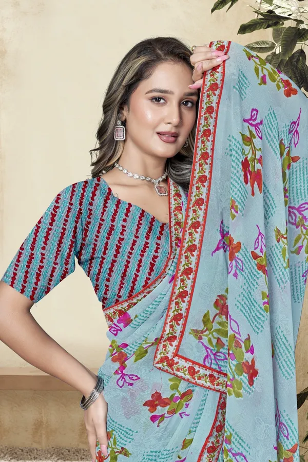 Sky_Blue_Floral_Printed_Saree_With_Embroidered_Border_And_Striped_Blouse