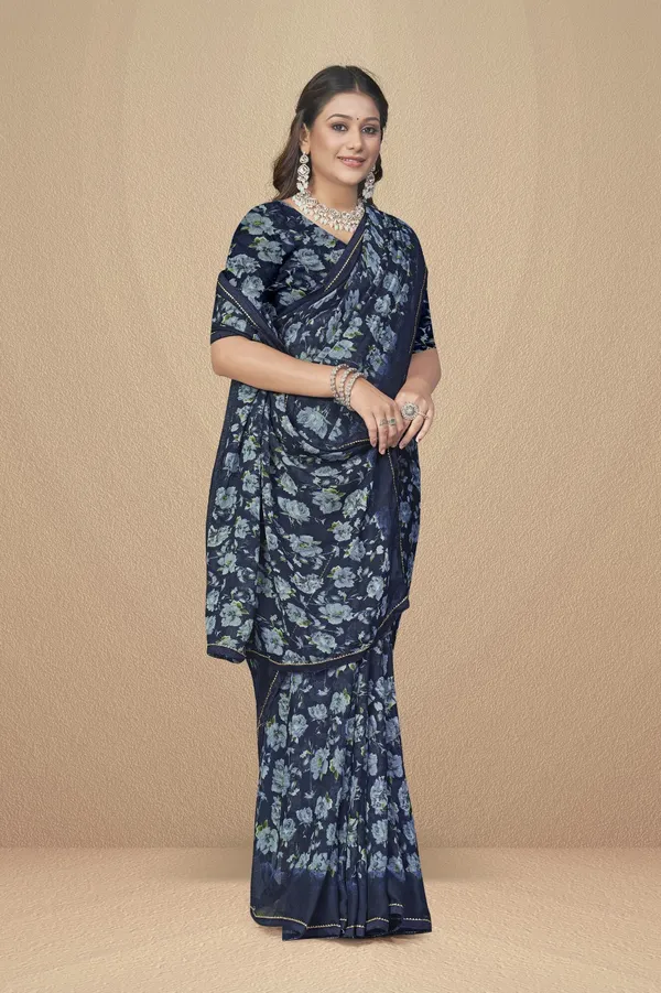 Navy_Blue_Floral_Printed_Saree_With_Matching_Blouse