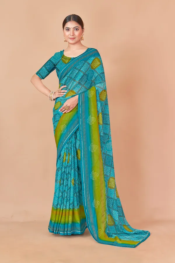 Turquoise_Blue_And_Olive_Green_Bandhani_Print_Saree_With_Border